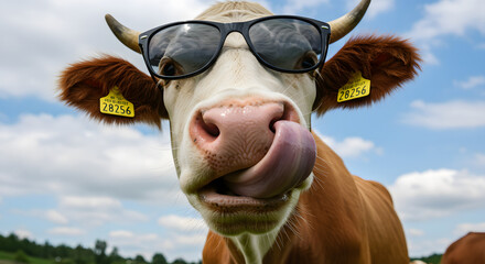Close-up of a brown and white cow wearing sunglasses, sticking out its tongue in a comical and playful manner against a bright sky.