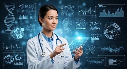 Asian doctor in lab coat interacting with holographic medical data interface in a modern setting