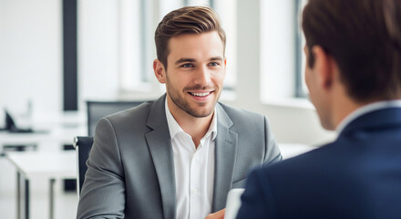 Fototapeta premium Professional man in a suit confidently engaging in a business meeting or interview, smiling and listening intently.