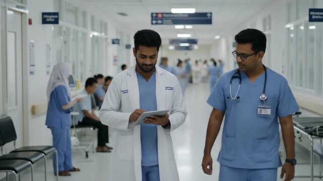 India doctor duo expertly discussing patient cases in hospital corridor. Suitable for medical websites, healthcare brochures, and professional presentations.