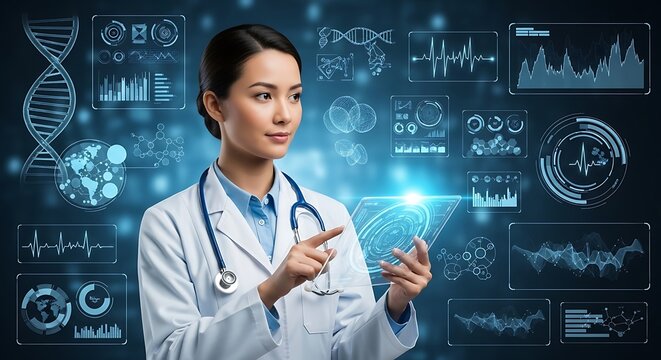 Asian doctor in lab coat interacting with holographic medical data interface in a modern setting