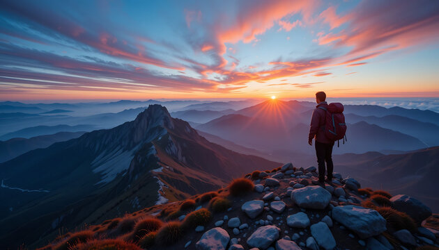 hiker mountain sunrise adventure - Powered by Adobe