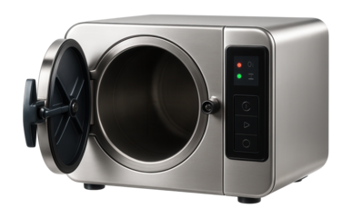 High-capacity autoclave with a reinforced inner chamber and side-mounted control panel for sterilizing bulk materials in a textile factory.