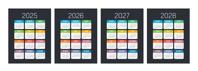 Colorful USA calendar set, year 2025 2026 2027 2028 planner, dark background english language
