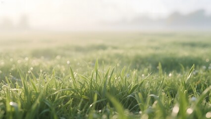 Morning Dew on Fresh Green Grass with Soft Sunlight