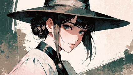 Close-up anime-style portrait of a woman wearing a wide-brimmed hat, featuring soft lighting and a painterly background