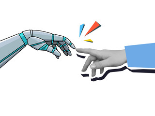 Naklejka na ściany i meble A robot hand and a black and white human hand reach out to each other. Concept of interaction between natural and artificial intelligence. Modern photo collage style