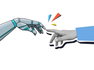 Fototapete A robot hand and a black and white human hand reach out to each other. Concept of interaction between natural and artificial intelligence. Modern photo collage style © tiena