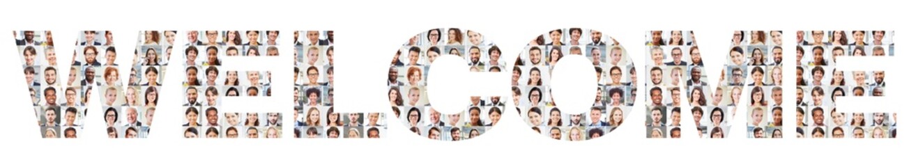 Diverse individuals collage forming the word 'Welcome' in uppercase letters
