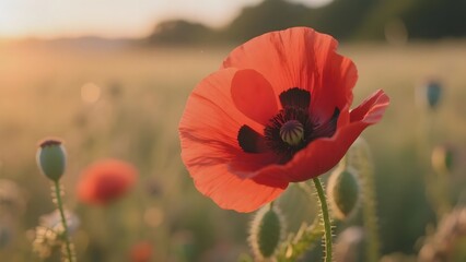 A vibrant red poppy in full bloom stands out against a soft, golden field at sunset.