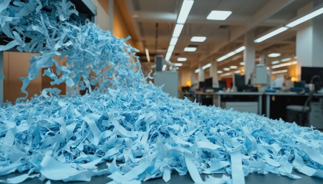 Blue paper shreds cascade from high-capacity shredder machine in office environment, ensuring document destruction, confidentiality. Image emphasizes data security, privacy, efficient document