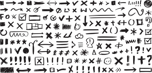Hand Drawn Doodle Elements: Arrows, Check Marks, Crosses, Stars, Lines, Shapes, Symbols, Scribbles, Sketch, Vector Design Elements, Icon Set
