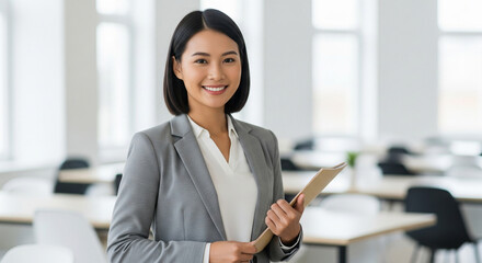 Smiling Asian businesswoman in a suit holding a folder in a modern office