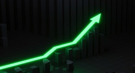 Rising trend illustrated by a vibrant green arrow ascending across dark bar chart elements, indicating success and growth.