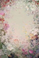 A field of pastel flowers in a soft, ethereal light.
