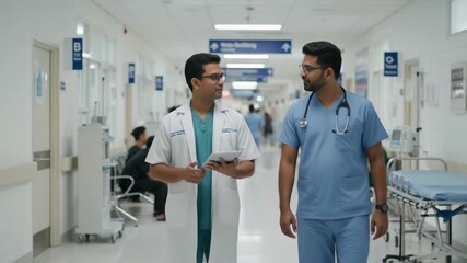 India doctor duo expertly discussing patient cases in hospital corridor. Suitable for medical websites, healthcare brochures, and professional presentations. - Powered by Adobe