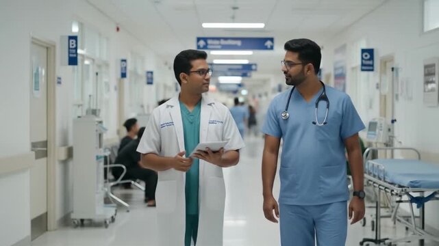 India doctor duo expertly discussing patient cases in hospital corridor. Suitable for medical websites, healthcare brochures, and professional presentations.