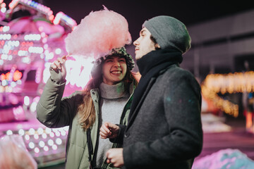 Two friends share a joyful moment at a winter fair, enjoying cotton candy amidst glowing lights....