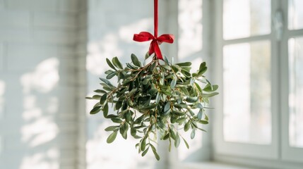Mistletoe bouquet with red ribbon hanging in bright natural light interior symbolizing Christmas love and tradition ideal for romantic holiday cards and festive winter scenes