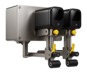 Thermal transfer applicator with a dual-head design for high-speed labeling in a packaging facility.