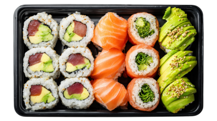 Set of sushi and maki with soy sauce over blue stone background. Top view with copy space