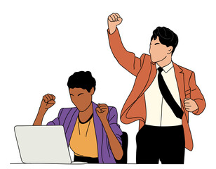 Excited business people, man and woman celebrating success, working together at laptop. Teamwork, startup, office concept. Outline colored vector illustration isolated on transparent background