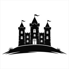 Medieval Castle Silhouette on Hill with Flags – Vector Illustration