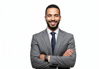Confident smiling businessman with arms crossed wearing a suit and tie against a white background