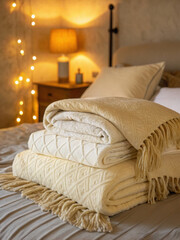 Soft blankets layered on neutral bed create cozy and inviting atmosphere, perfect for relaxation and comfort in serene bedroom setting