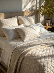 Cozy bed adorned with soft, quilted pillows and warm blanket, illuminated by gentle window light, creates serene and inviting atmosphere perfect for relaxation