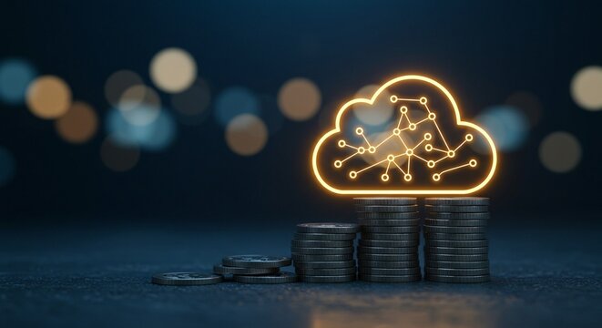 A glowing network cloud sits above stacks of coins representing growth and data storage costs and cloud-based financial solutions.