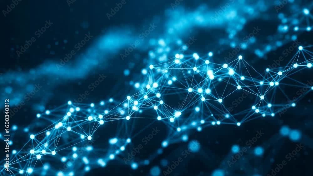 Poster a glowing blue abstract network of interconnected nodes and lines pulses with digital energy against