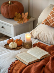 Cozy bedding in warm tones with candle, book, and decorative pumpkins creates serene atmosphere perfect for relaxation and comfort