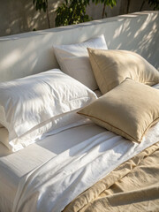 Crisp white sheets and soft beige pillows create serene and inviting atmosphere in sunlit bedroom. natural light enhances textures and colors, evoking sense of calm and comfort