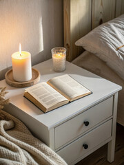 Cozy nightstand featuring lit candle, open book, and decorative glass candle holder creates warm and inviting atmosphere. soft textures of bedding and natural elements enhance serene ambiance