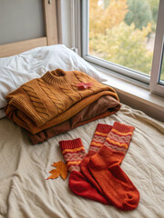 Cozy folded knit sweater and autumn socks on soft linen bed, creating warm and inviting atmosphere perfect for fall season