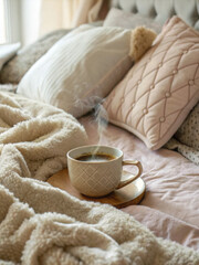 Steaming cup of coffee rests on wooden tray, surrounded by cozy, fluffy duvet and soft pillows, creating warm and inviting atmosphere perfect for relaxation