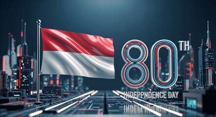 Indonesia's 80th Independence Day Celebration A futuristic cityscape with the national flag waving against a stylized backdrop