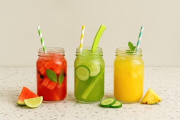 three colorful jam jar detox cocktails with watermelon celery and pineapple on terrazzo surface with straws and space for text concept of juice bar menu design