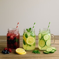 three jam jar detox cocktails with berries citrus and cucumber on rustic wood table with ingredients and space for text concept of healthy lifestyle content