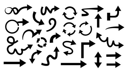 A collection of various black arrow silhouettes vector.