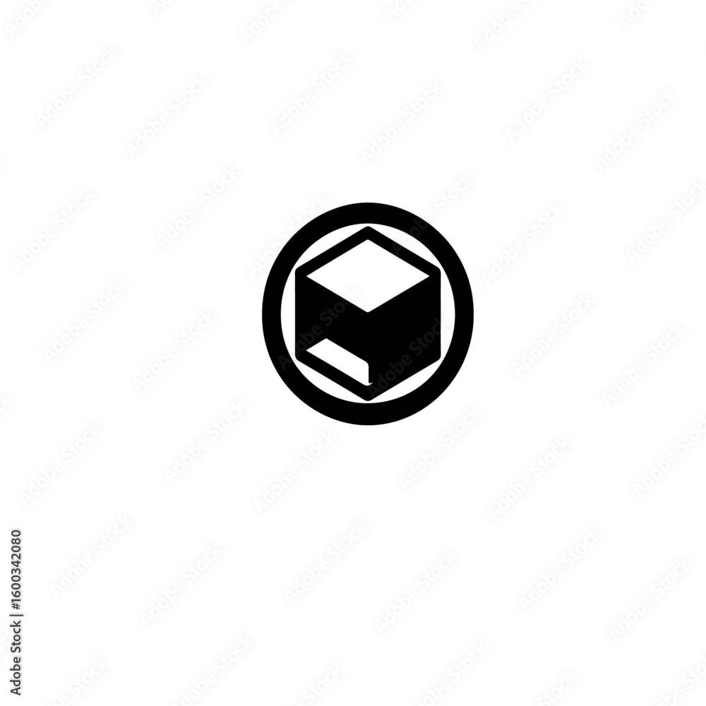 Poster a simple black and white graphic of a cube inside of a circular border line