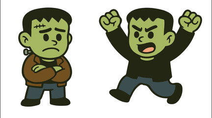 Obraz premium Frankenstein Cartoon Characters – Angry and Sad Emotion Expressions Vector Set