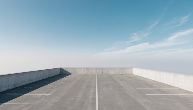 Concrete rooftop parking lot with clean lines, white markings. Low concrete wall borders spacious area under clear blue sky with sparse wispy clouds. Offers minimalist aesthetic for transport, urban