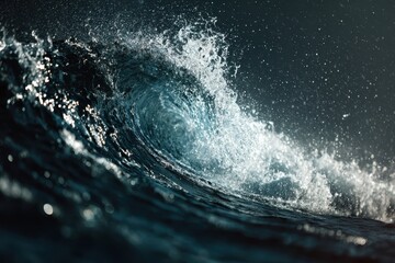 A large, curling ocean wave illuminated by sunlight, deep blue hues, white foamy crest