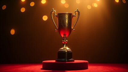 Golden Award Trophy Illuminated on Velvet Stage with Artful Spotlight and Soft Bokeh