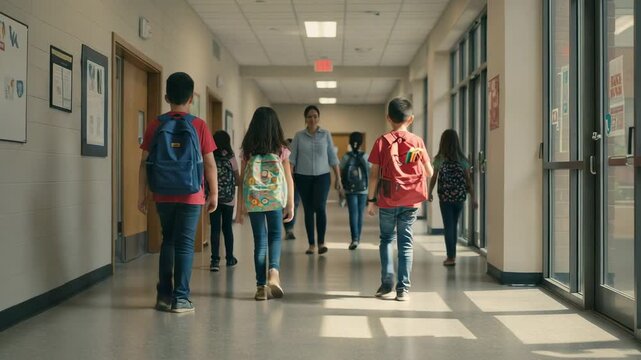 Back view of diverse elementary school students walking in a school corridor. Young boys and girls with backpacks heading to class.