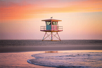 Pastel pink and teal lifeguard tower at sunset beach