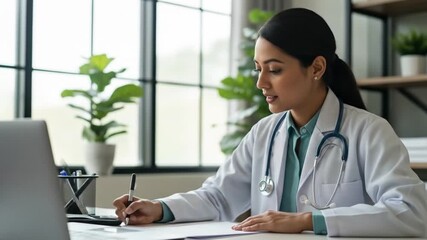 India doctor working on laptop at her desk with calming plant, suitable for medical presentations, healthcare blogs, and telemedicine concepts. - Powered by Adobe