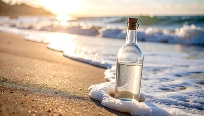 Glass bottle on beach at sunrise